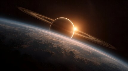 A ringed gas giant planet rises above a cloudy terrestrial world illuminated by a brilliant star