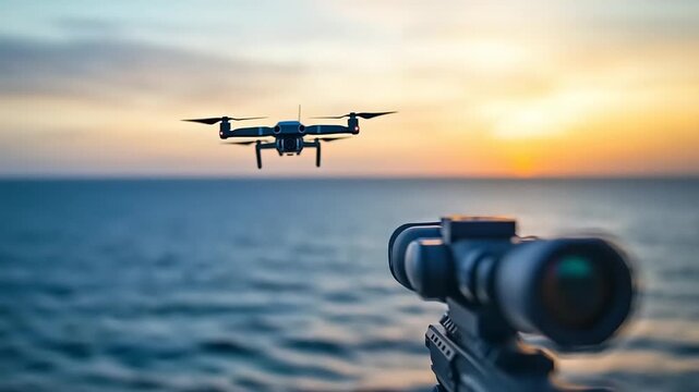 Modern warfare concept showing a rifle scope targeting a surveillance drone flying over the ocean at sunset