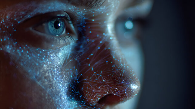 Womans Face With Digital Biometric Facial Recognition, Technology Concept in Dark Room - Powered by Adobe