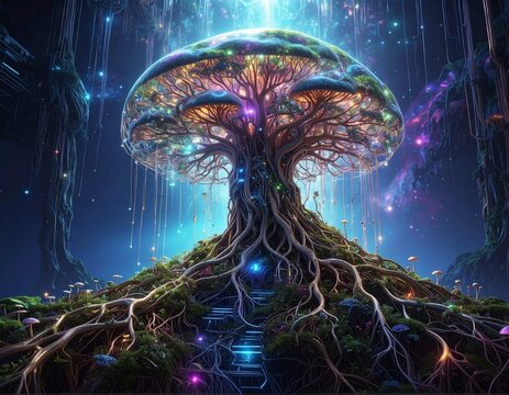 Enchanted forest mushroom tree of life with bioluminescent glow and cosmic sky