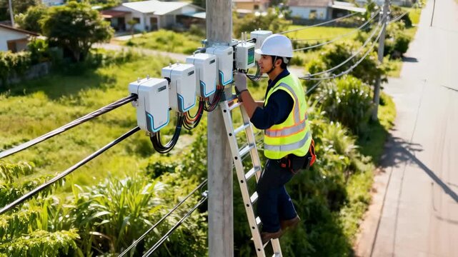 Technician installing advanced monitoring sensors on power lines in a rural community emphasizing smart grid integration.