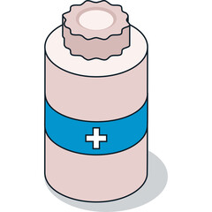 Isometric Illustration of a Pink Pill Bottle with Blue Label and White Cross Symbol on Transparent Background