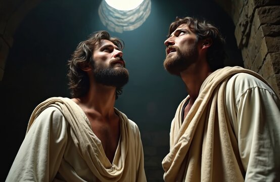 Two men stand in stone prison cell. Light shines from opening above. Biblical story scene. Men look upwards in hope. Faith, prayer, and captivity themes explored.