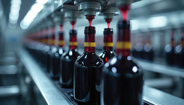 Modern automated winery fills dark glass bottles with red wine on a clean production line. Precision machines ensure consistent quality for beverage packaging and distribution.