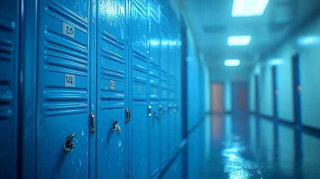 Blue School Lockers in Empty Hallway.