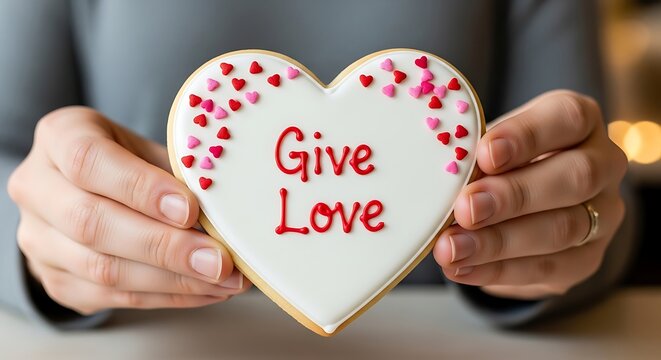 Person Holding Heart-shaped Cookie with Give Love Message in Hands