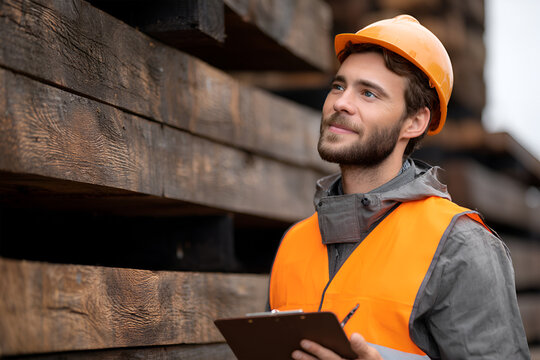 Young man in safety gear inspecting wooden planks in a lumber yard with thoughtful expression - Powered by Adobe