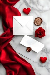 Elegant envelopes and rose on a marble surface for Valentine's Day, event  