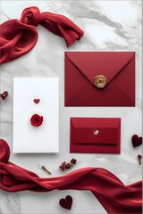 Elegant red envelopes and decorations on marble surface  