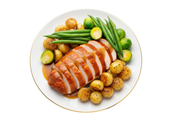 Elegant Roasted Duck Breast Dinner with Baby Potatoes, Green Beans, and Brussels Sprouts, Served on White Plate