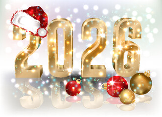 2026 golden new year vip card with xmas balls and claus hat, vector illustration