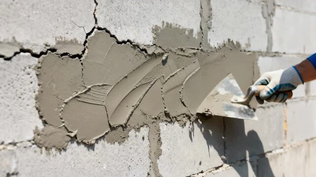 View of a contractor smoothing patched areas on a cracked concrete wall ensuring a seamless finish and strength restoration