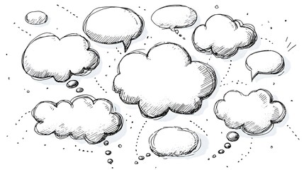 Collection of hand drawn speech and thought bubbles scattered across a white background