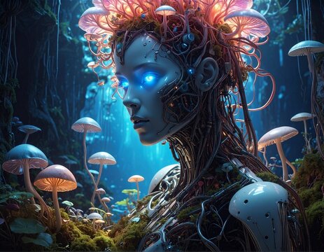 Enchanting Cyborg Elven Being Emerges from Bioluminescent Mushroom Forest Fantasy