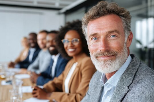 Business meeting with diverse professionals engaging in discussion in a modern office setting during daylight hours
