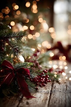 Christmas Festive Arrangement: An inviting and nostalgic Christmas setup features a lush, decorated pine branch. Delicate fairy lights create a warm, inviting glow. 