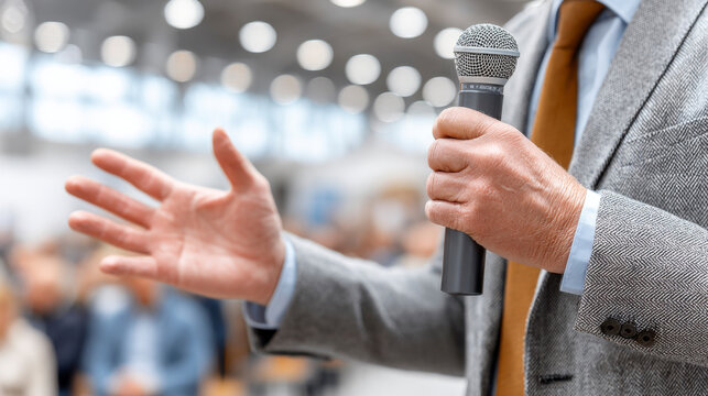 Focused speaker engaging audience in a conference room during a presentation about innovative techniques in business