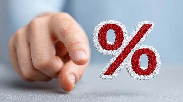 Hand pointing at a bold percentage symbol on a clean surface, representing financial concepts or discounts during a promotional event