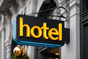 Obraz premium Bright hotel sign illuminates the entrance on a bustling city street during the evening hours