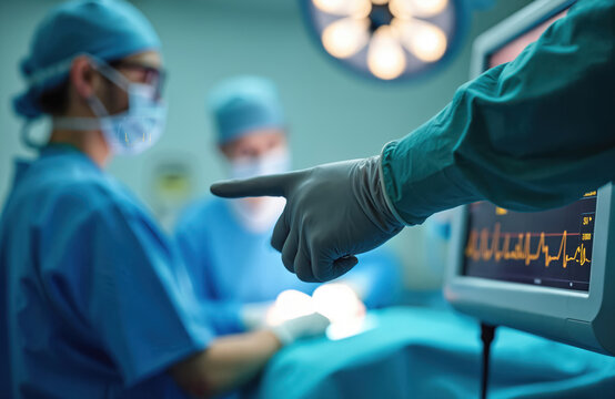 Surgeons team operating in OR. Nurse points at monitor displaying heart rhythm. Medical staff works with patient during surgery using equipment. Healthcare professionals focused on procedure.