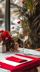 Romantic restaurant table setting with red napkin and flowers  