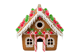 Classic Christmas Gingerbread House with Candy Cane Door and Colorful Decorations, Isolated on White Background