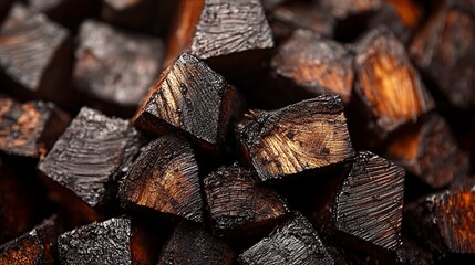 Burned wood cubes with close up texture.