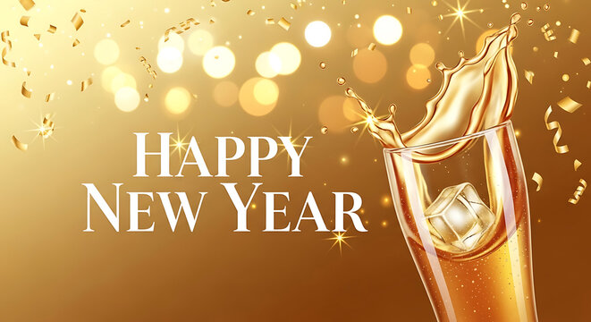 Golden Happy New Year celebration with champagne splash and confetti