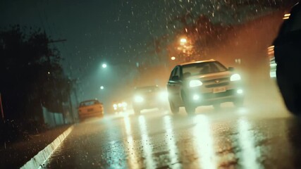 City street at night during heavy rain with reflections of lights on wet pavement - Powered by Adobe