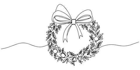 Continuous one line drawing of a Christmas wreath with a curved ribbon, representing a warm welcome, line art style vector illustration. © Haus