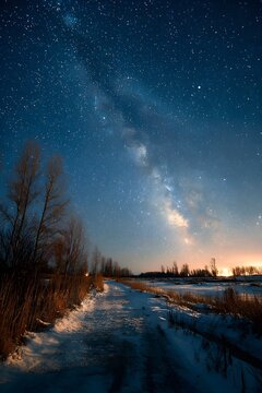 Celestial Trail: A snow-covered road disappears into the distance beneath a breathtaking expanse of a star-studded sky.