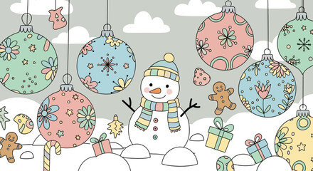 Festive Christmas Ornaments and Snowman Illustration