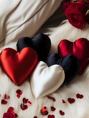 Colorful satin heart-shaped pillows on soft background with roses  