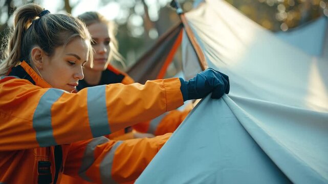 Paramedic Team Setting Up a Temporary Medical Tent in Natural Daylight