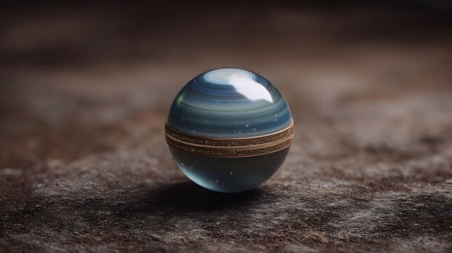 An ethereal glass orb with celestial swirls rests on a textured earthy surface capturing cosmic wonder