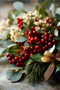 Festive Berries and Eucalyptus: An enchanting composition of vivid red berries, delicate white blossoms, and silvery-green eucalyptus leaves, creating a sense of rustic elegance and seasonal cheer.