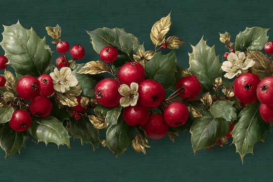 Festive Holly Border: A vibrant border of holly with lush green leaves and bright red berries against a rich green backdrop, perfect for festive themes and holiday designs.