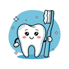 Cute cartoon tooth character holding a blue toothbrush with toothpaste and sparkling stars dental hygiene.