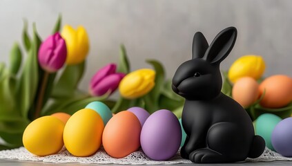 A black rabbit figurine sits amongst colorful Easter eggs and tulips, creating a festive spring scene