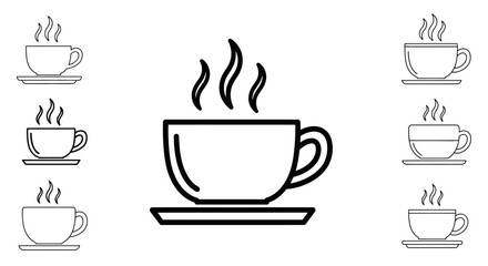 Simple black and white illustration of steaming coffee cups and saucers