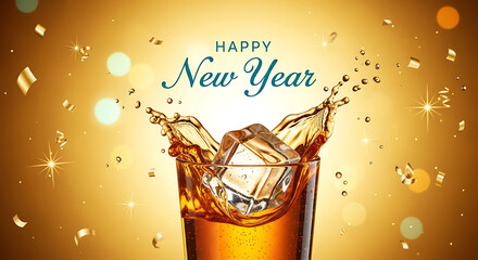 Golden New Year celebration with splashing drink and confetti