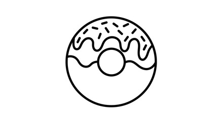Simple black and white line drawing of a frosted donut with sprinkles