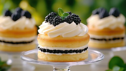 Delicate mini cakes adorned with blackberries and cream, perfect for a sophisticated dessert
