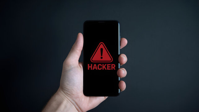 Urgent alert! Mobile security breach, hacker warning on smartphone screen held in hand, digital threat and cybersecurity vulnerability concept, stay safe online