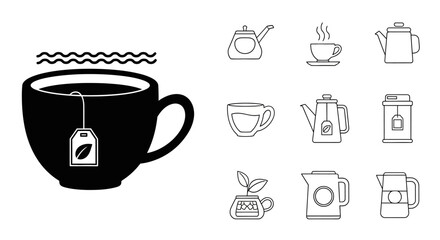 Collection of black and white tea and coffee related icons displayed
