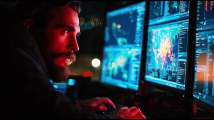 Focused man with beard intently working on multiple glowing computer screens at night, surrounded by blurred city lights, symbolizing technology, data analysis, and late-night dedication. - Powered by Adobe