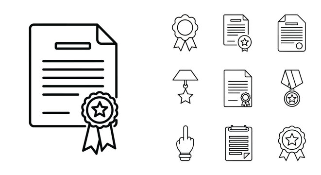 Collection of outline icons representing documents awards and achievement symbols