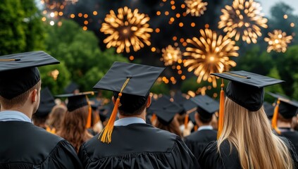 Graduates in caps and gowns celebrate their achievement with a dazzling fireworks display in the background