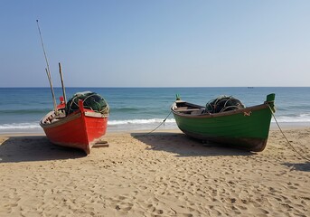 Two colorful fishing boats on a sandy beach with ocean view.