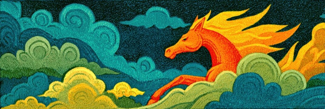 fantasy postcard illustration, a playful postcard template with a cheerful cartoon fire horse and a clear space for a congratulatory message vibrant and friendly art style